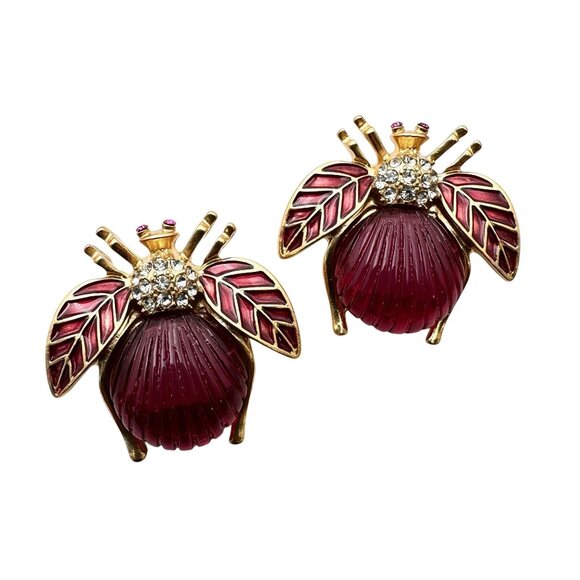 Dark Pink Bee Bug Gold Tone Earrings Pierced Clear Crystal Enamel Wings New - Picture 1 of 4